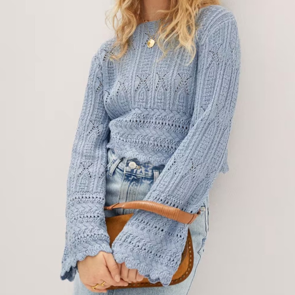 Mango Crochet Sweater Light Blue Flare Sleeves Cropped